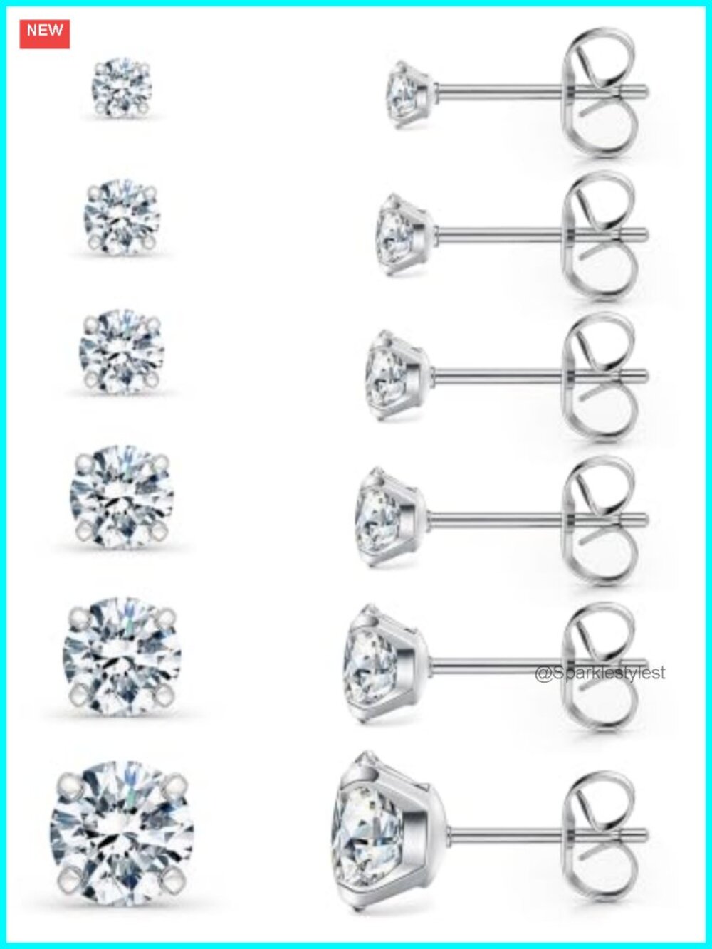 6 Pairs Hypoallergenic Surgical Steel CZ Stud Earrings Set 3-8mm